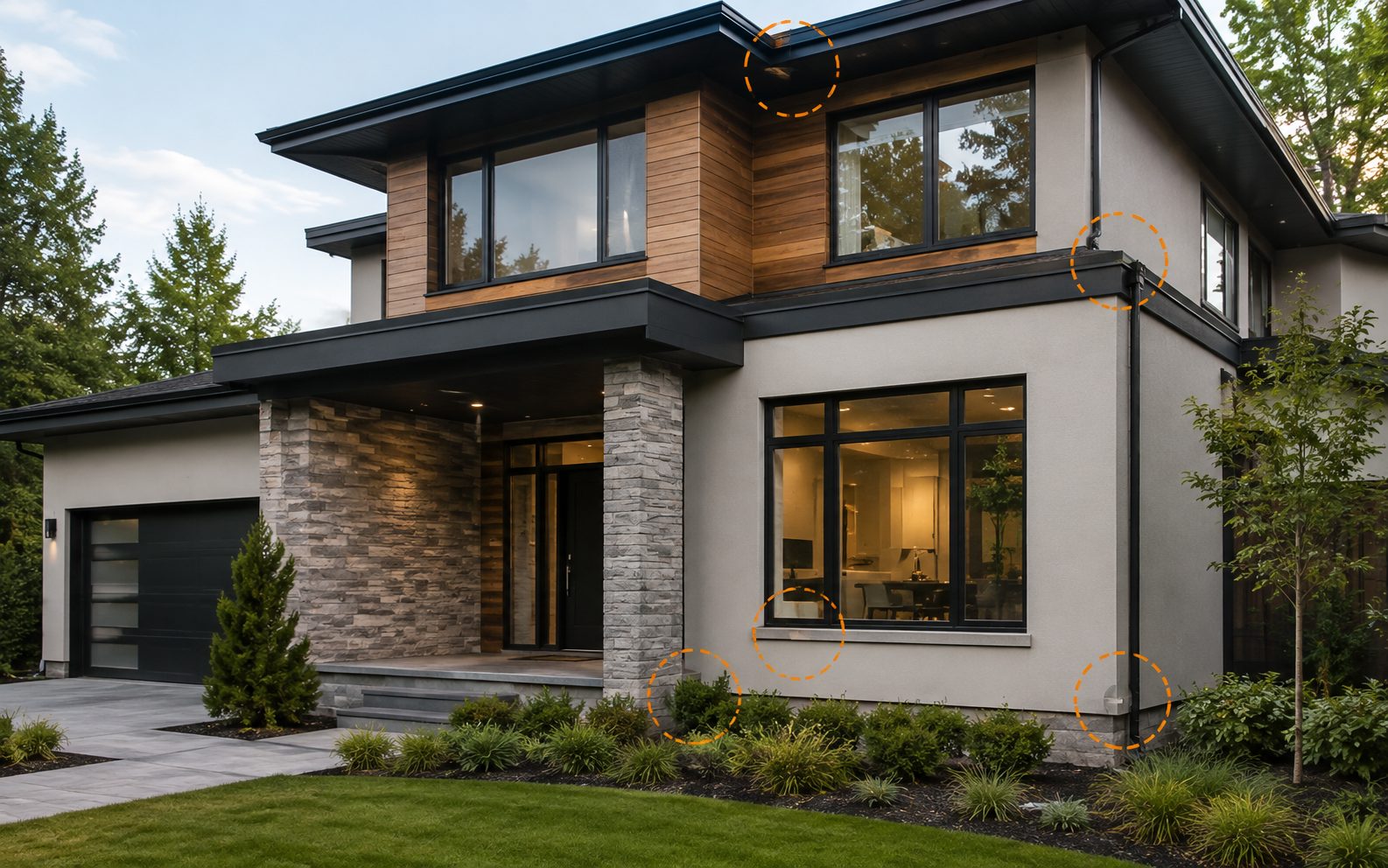 Annotated exterior of a home with three common pest inspection points marked