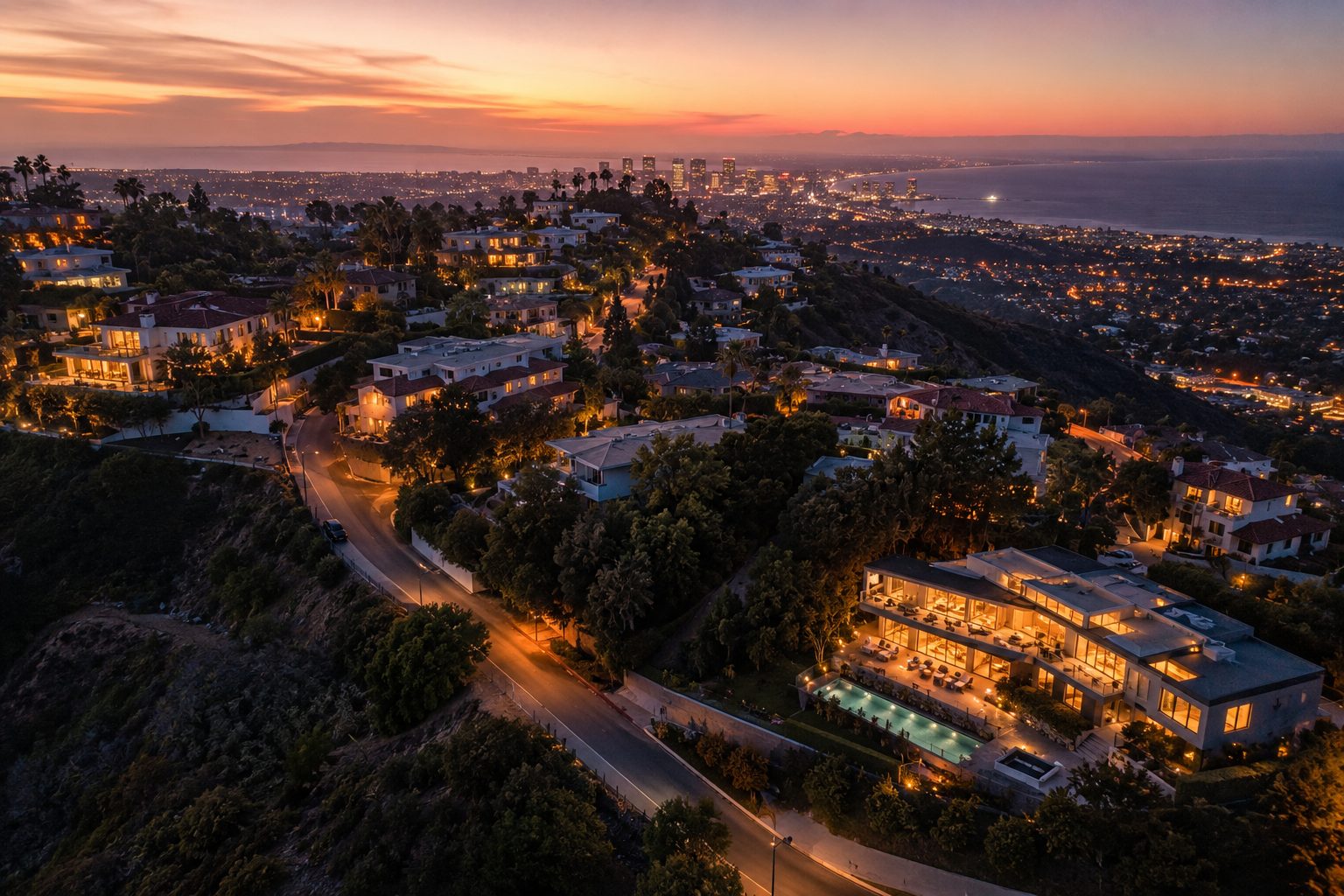 Aerial view of the metro service area at dusk