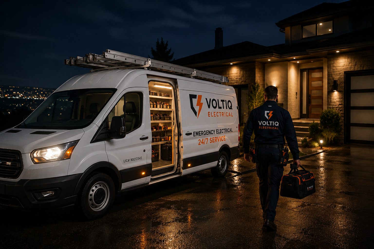 Voltiq emergency electrician arriving on-site at night
