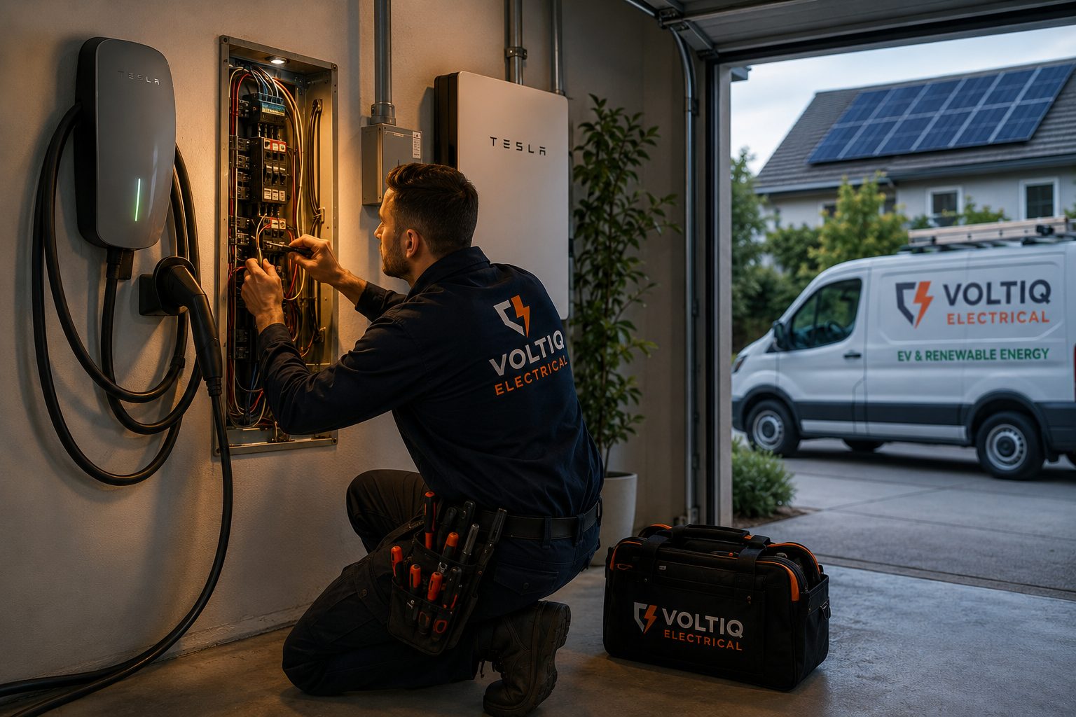 Voltiq electrician installing an EV charger and Tesla Powerwall system